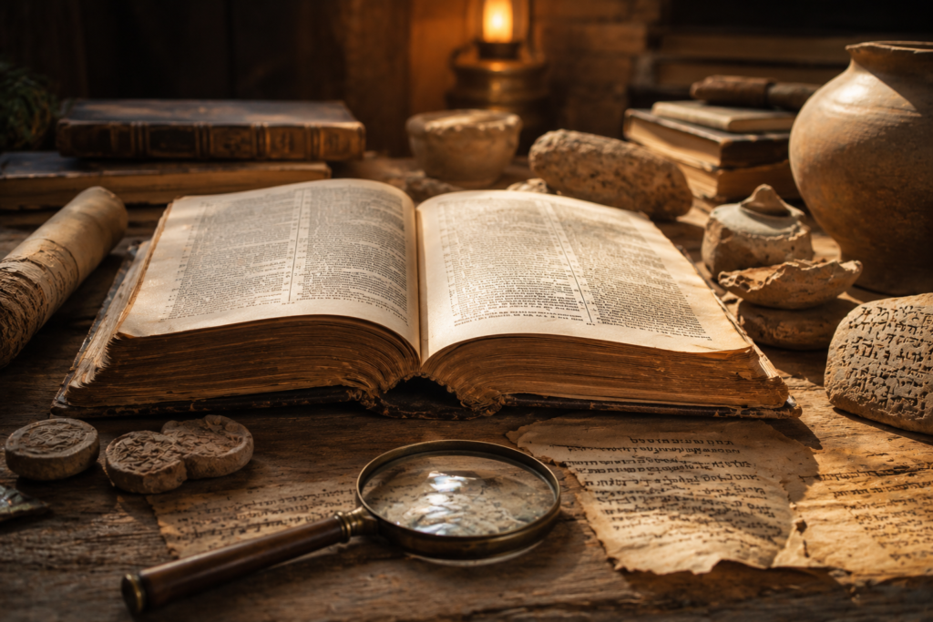 Is de bijbel betrouwbaar? Een archeologische opgraving met op de voorgrond een open Bijbel en oude manuscripten.