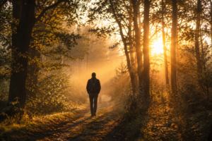 Waarom voel ik God niet? Wandelaar in de ochtendmist als beeld van het zoeken naar Gods aanwezigheid.
